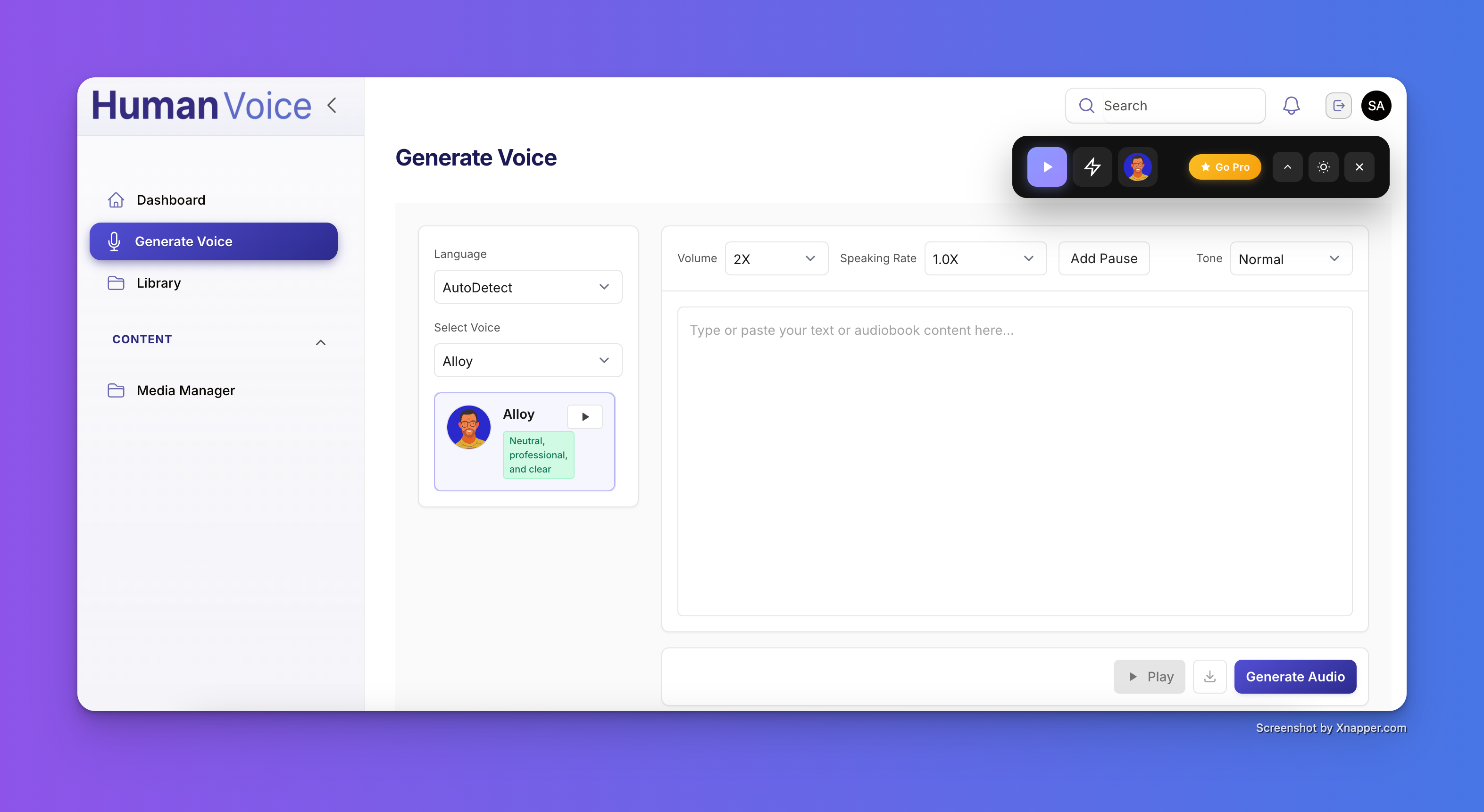 HumanVoice studio interface preview with waveform and controls